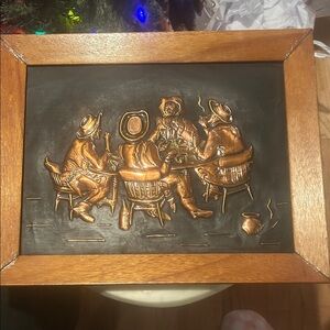 Rustic Copper Art Panel with Wooden Frame Cowboys playing poker